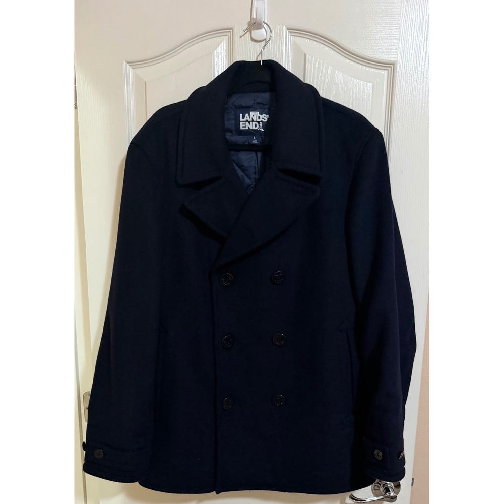 Lands' End Men Navy Wool Blend Double Breasted Peacoat Jacket Fall Winter Large